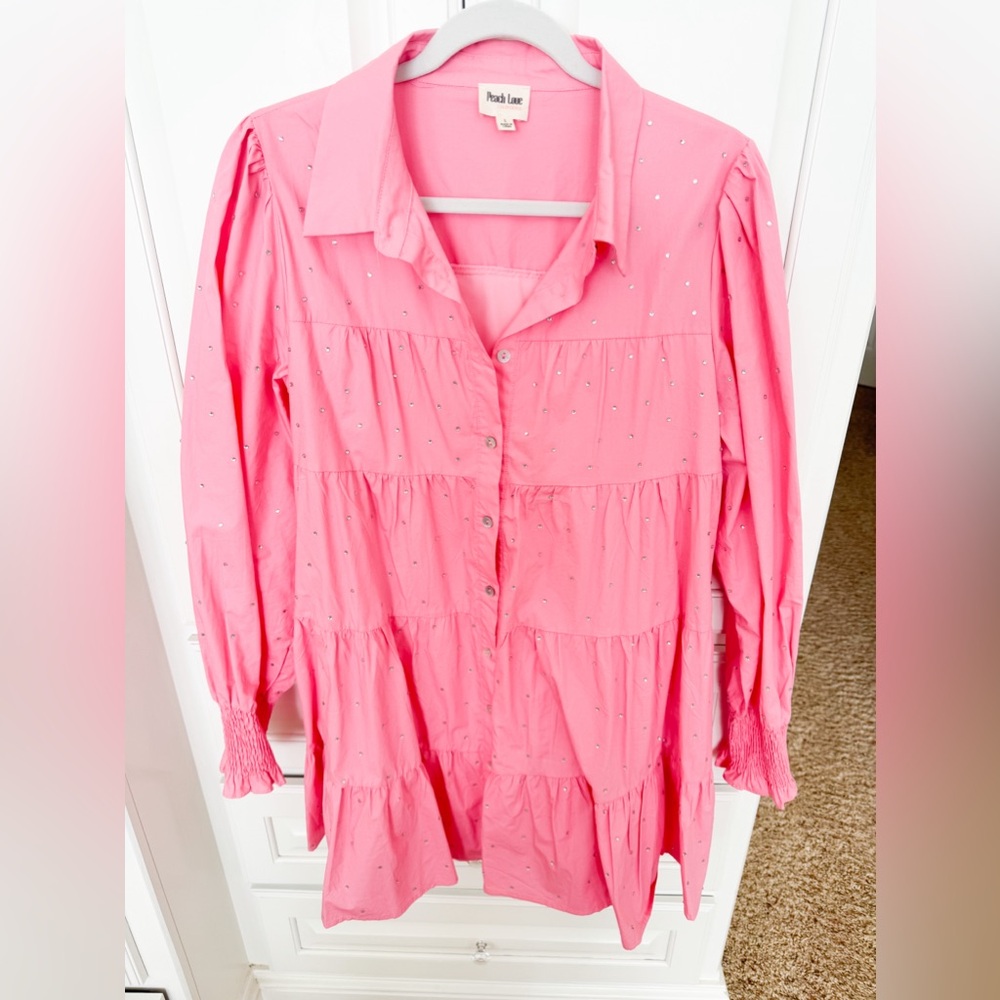 Peach Love Rhinestone Shirt Dress